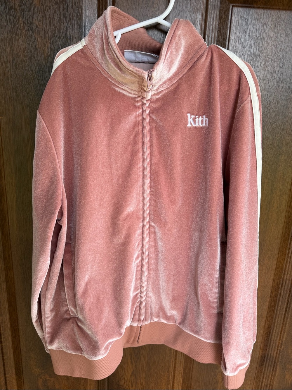 Kith Kids Velvet Luxury Velour Zip-Up Jacket in Dusty Rose with Cream Stripe 8/9